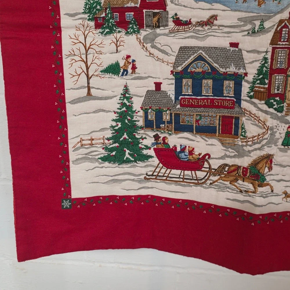 Vintage Christmas Winter Village Scenic Red Border Wall Hanging Ribbon Loops